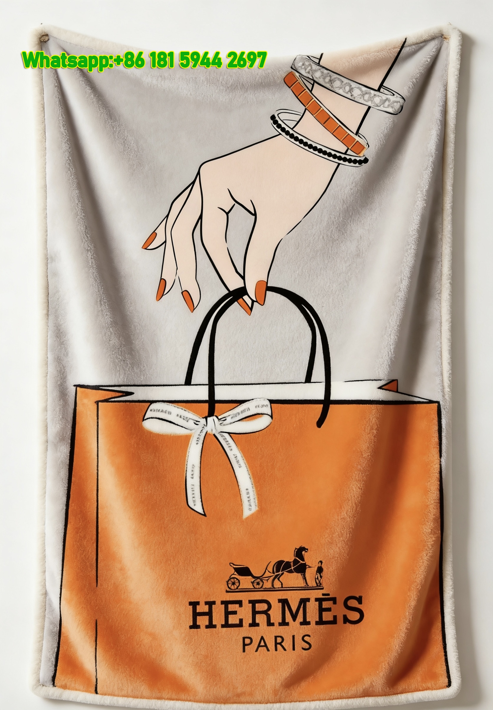 Hermès Inspired Orange Shopping Bag & Hand Illustration Flannel Throw Blanket IMG_5422